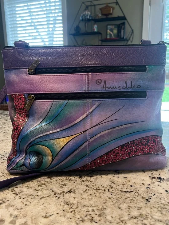 Anuschka Hand-Painted Leather Peacock Crossbody with Matching Coin Pouch - Picture 5 of 10